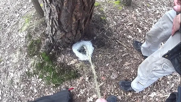 Bedste boys pissing together a big foamy puddle at a tree energivideoer